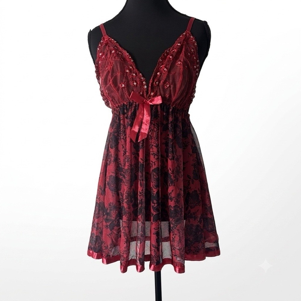 Sheer Babydoll Top Red/Black Roses Lace Whimsigoth Grunge Romantic (FITS M-L)